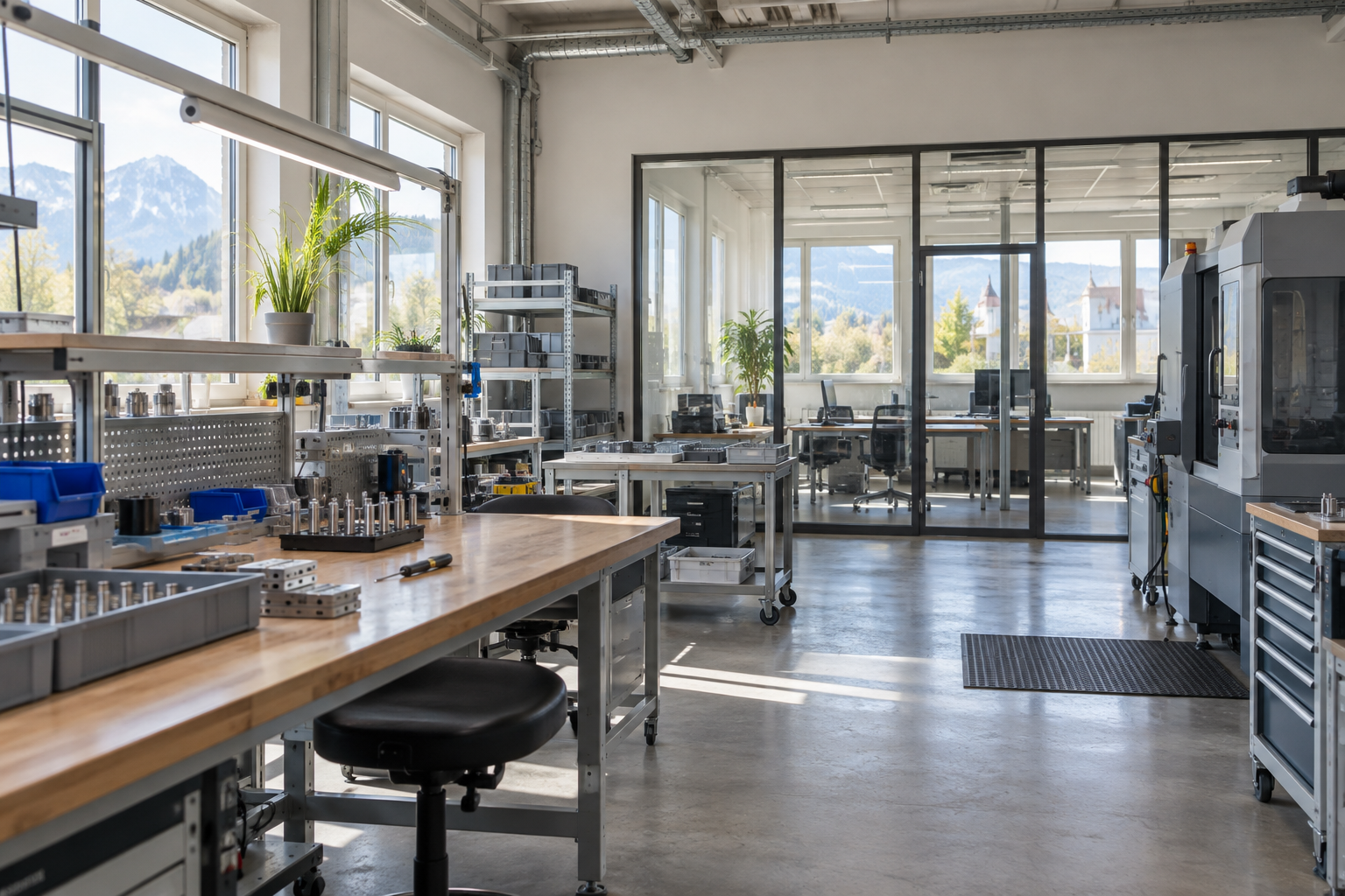 Produktionsbetrieb mit Montageplätzen und angrenzendem Büro